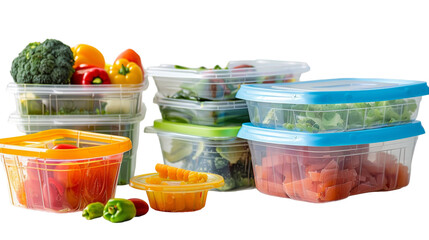 Various plastic containers filled with a variety of foods, showcasing a diverse selection of meals...