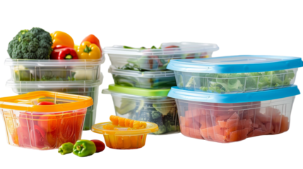 Various plastic containers filled with a variety of foods, showcasing a diverse selection of meals and snacks