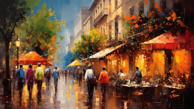 Image of impressionist painting of a busy street in city