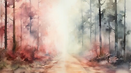 The Image of an ethereal watercolor painting of a misty forest path