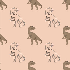 Boho Allosaurus seamless pattern. Baby fabric pattern design with dino cartoon drawing as vector