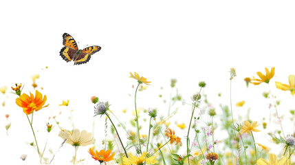 A butterfly gracefully flies over a colorful field of flowers, showcasing the beauty of nature in motion