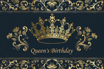 Beautiful golden crown isolated on green background. Queen's birthday. Kings Birthday. King's crown as a symbol of the kingdom.