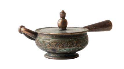 A metal tea pot featuring a wooden handle against a plain background