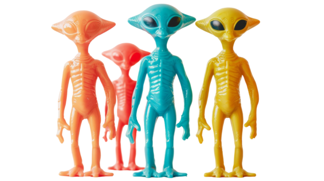 Three colorful alien toys are neatly arranged in a straight line, showcasing their unique designs