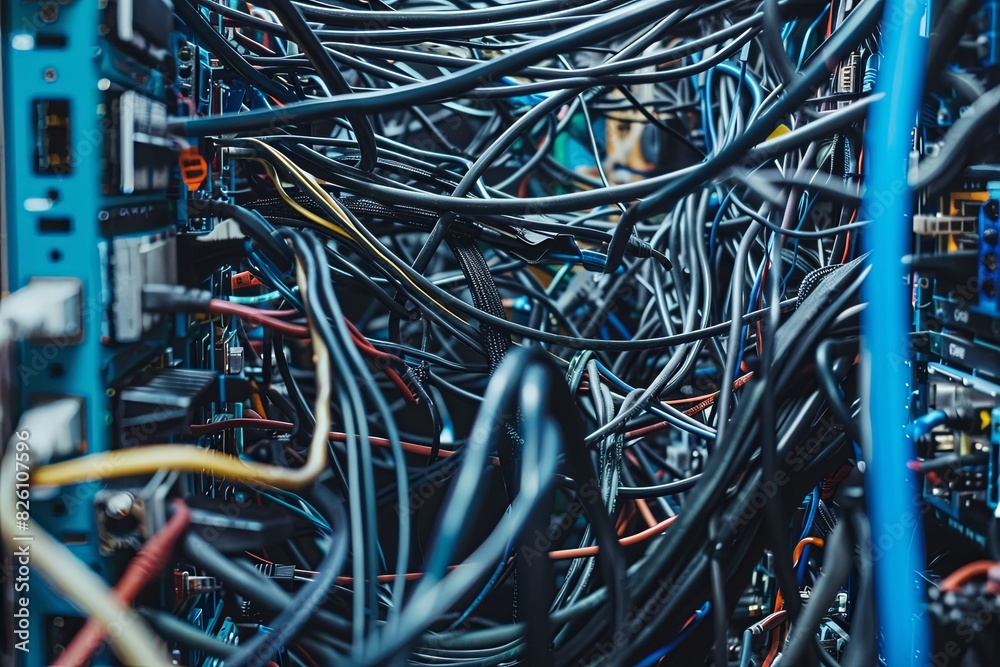 Poster a clutter of wires and devices neatly stored in a rack, showcasing complex connectivity and organiza