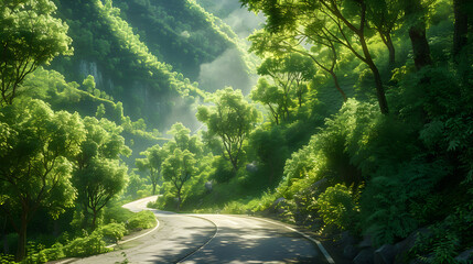 Serpentine Forest Path: A Scenic Mountain Road Winding Through Lush Greenery and Golden Sunlight