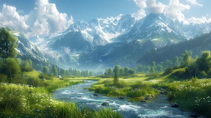 A picturesque green countryside with a meandering river flowing through it, surrounded by trees and distant mountains