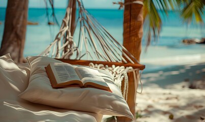 The pillow on the hammock with book on vacation, Generative AI