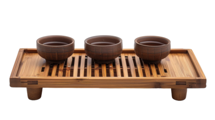 A wooden tray holds three bowls on a flat surface