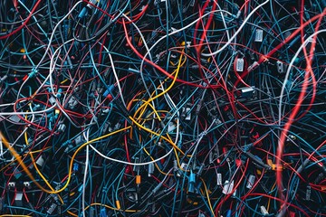 Numerous tangled wires are intertwined in a chaotic pile, creating a jumble of electronic devices and cables