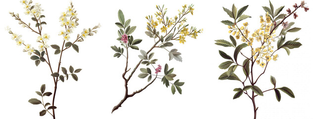Tree branch with blossoms isolated on transparent background, old botanical illustration