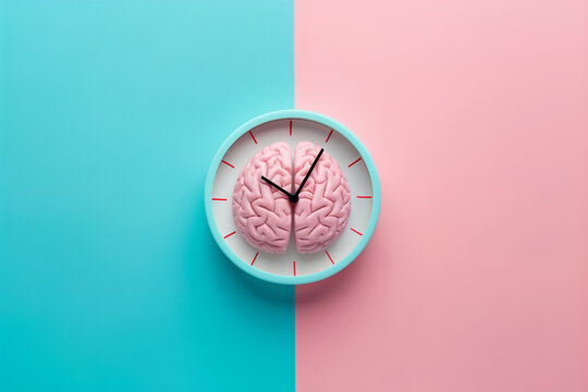 3d illustration of human brain with clock isolated on blue and pink background. Concept of circadian rhythm and biological body cycle. 