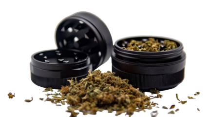 A close-up of two black containers overflowing with freshly harvested marijuana buds