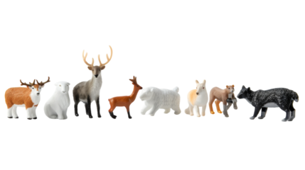 Various toy animals, including lions, giraffes, and elephants, are positioned next to each other in a group