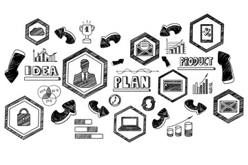 Hand-drawn business concept icons, including graphs and ideas, on a white background, in a sketch style