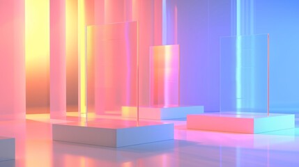 Abstract pastel geometric shapes with vibrant neon lighting creating a modern and futuristic artistic background.