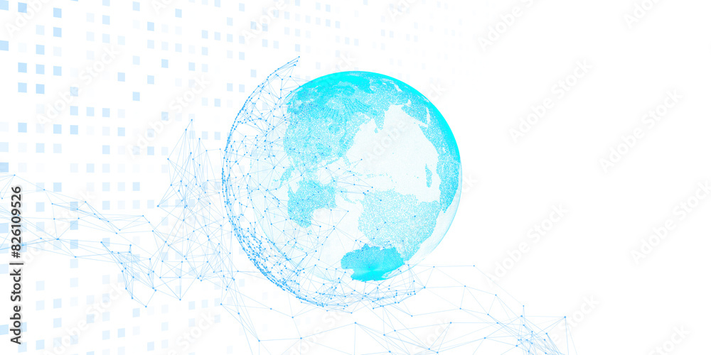 Poster a stylized digital globe with network lines on a white background with abstract square patterns, rep