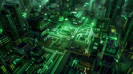 Fototapeta premium Futuristic Green Circuit Board Cityscape Digital artwork of a cityscape resembling a glowing green circuit board, symbolizing the fusion of technology and urban development. 