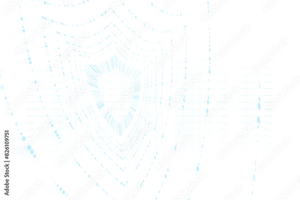 Poster an abstract digital shield design on a white background, depicting a concept of cybersecurity