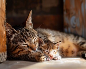 A couple of cats, one of which is pregnant, are resting next to each other.