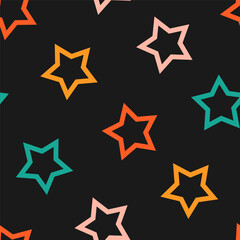Seamless pattern with colorful outline stars and black background