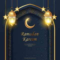 3D Islamic golden lantern star moon with curve arch shape decoration background . suitable for Ramadan, Raya Hari, Eid al Adha Islamic holiday