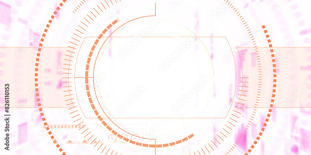 Poster An abstract digital background with a central empty frame surrounded by orange and pink hues and futuristic design elements