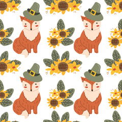 Autumn fall thankgiving pattern with cartoon characters, thanksgiving holiday background, fall wild animals and turkey, seasonal food with pumkin.