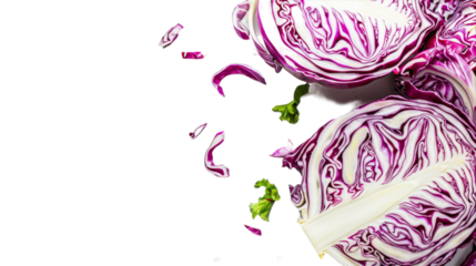 Freshly sliced red cabbage arranged neatly on a white background, showcasing vibrant colors and textures