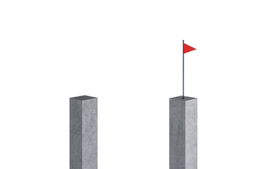 Two concrete pillars with a red flag on the taller one, set against a white background, symbolizing achievement or goal