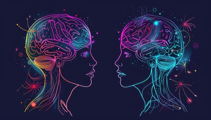 Obraz premium Neon Brain Silhouettes in Artistic Digital Illustration