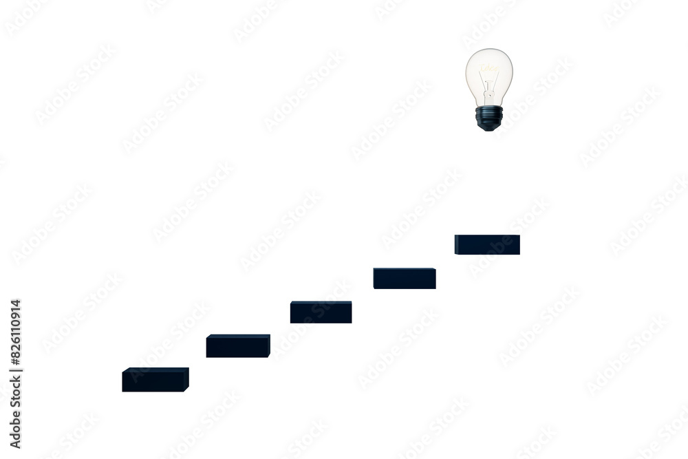 Poster A light bulb with the word 'Idea' inside it, above a series of steps on a white background, symbolizing a concept of progression or innovation