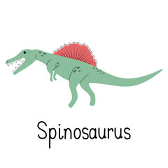 Spinosaurus dinosaur, prehistoric reptile and funny paleontology extinct animal. Cartoon hand drawn dino of Jurassic, vector lizard character.