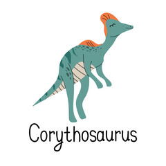 Corythosaurus dinosaur hand drawn prehistoric. Lettering corythosaurus . Design for t-shirt or web icon