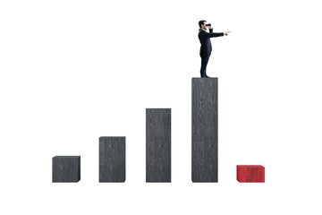Businessman standing atop a tall block gesturing forward, smaller blocks in gradient height, white...