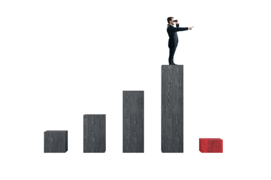 Businessman standing atop a tall block gesturing forward, smaller blocks in gradient height, white background, concept of leadership