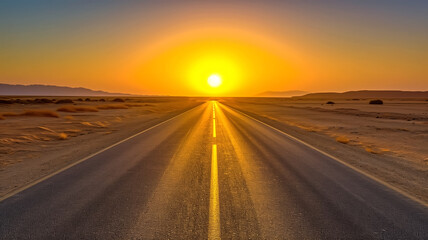 Fototapeta premium Desert highway leading into a setting sun with mountains in the distance. Wide-angle photography with copy space. Design for poster, banner, or header.
