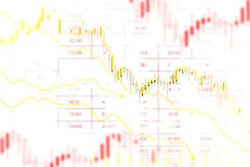 Analytical financial chart with candlestick patterns and trend lines on a blurred background, representing market analysis