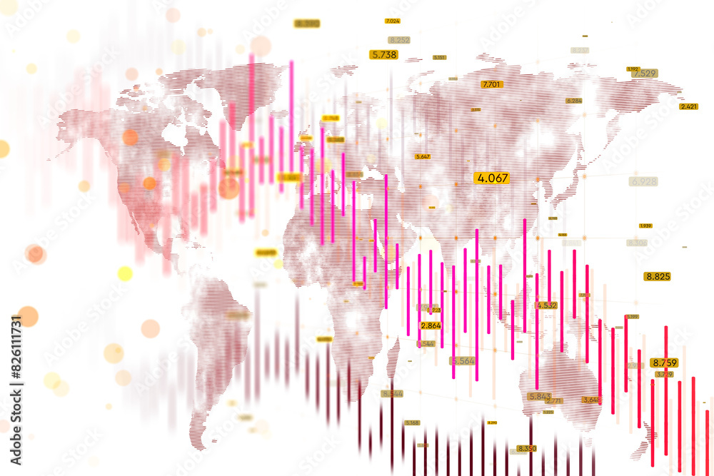 Wall mural A colorfully detailed infographic map of the world with numerical data and bar graphs overlaid, on a white background, illustrating a global concept