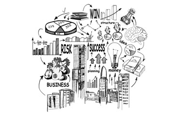 Hand-drawn business concept sketches include graphs, buildings, and motivational words, on a white background, conveying a creative brainstorming session