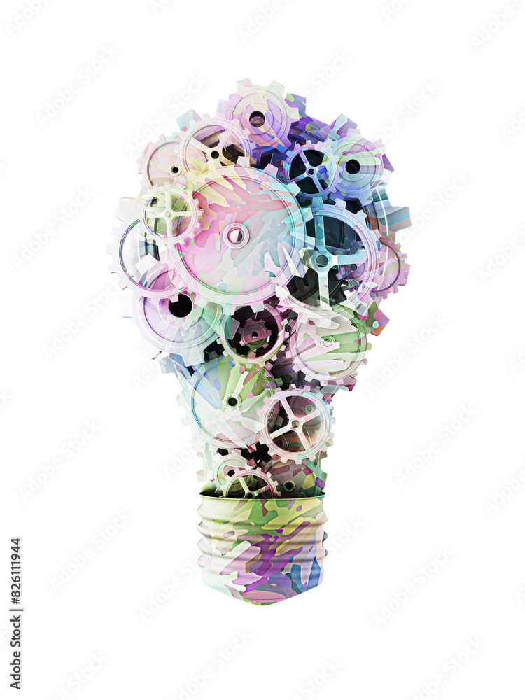 Aufkleber An abstract lightbulb shape composed of colorful cogs and gears on a white background, representing creativity and innovation