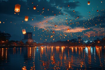 Loi Krathong Lantern Festival in Thailand with Glowing Sky Lanterns Over Water