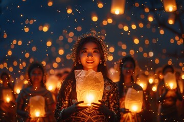 Loi Krathong Festival of Lights in Thailand with Beautiful Bright Lantern