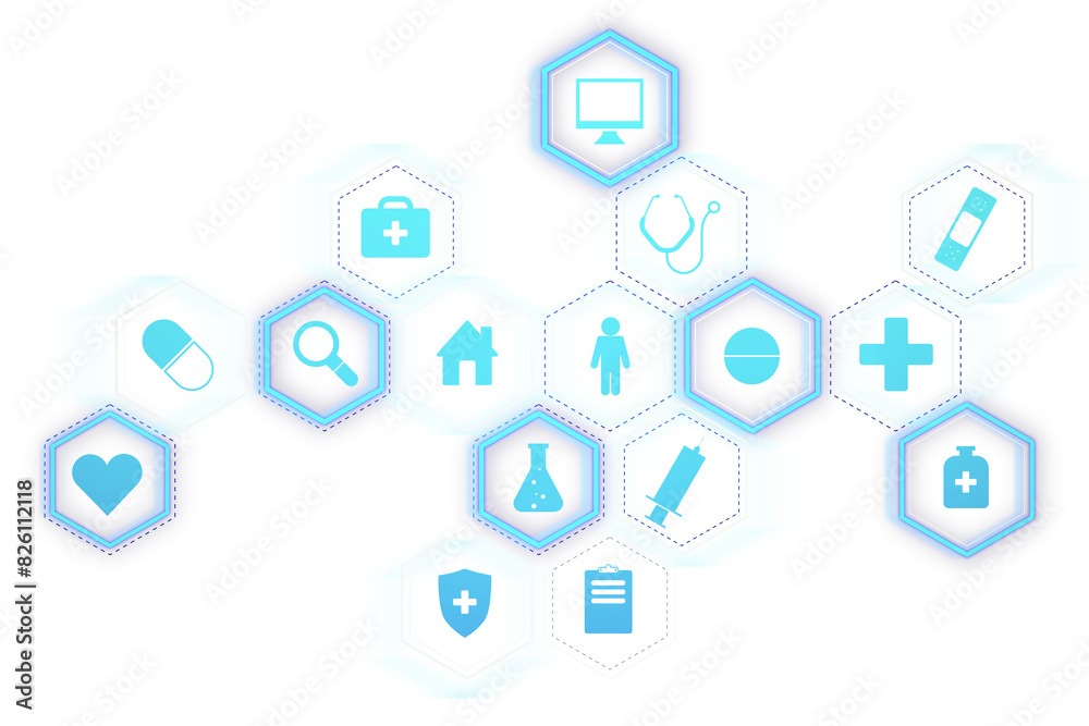 Poster a digital illustration of various healthcare and medical icons within hexagonal shapes on a white gr