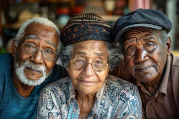Three Elderly Friends Smiling Together in a Warm Reunion,