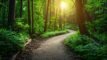 Forest Path, A winding path through a lush green forest with sunlight filtering through the trees