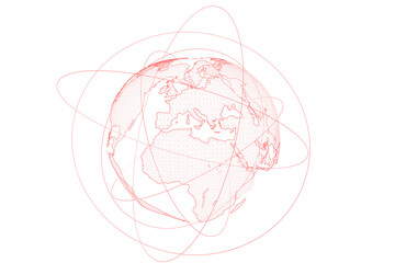 A stylized wireframe globe with abstract lines on a white background, depicting global connectivity