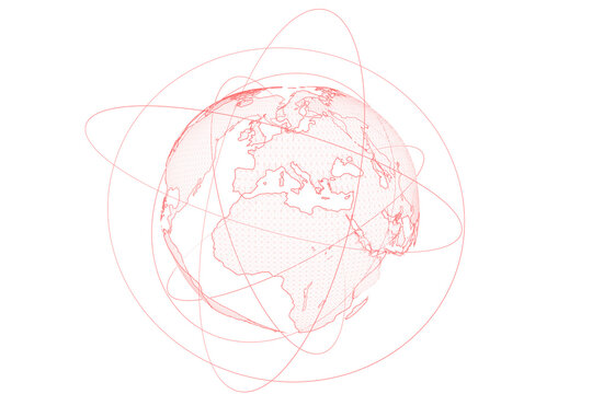 A stylized wireframe globe with abstract lines on a white background, depicting global connectivity