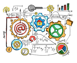 Fototapeta premium Hand-drawn doodles of gears, graphs, and symbols representing business and planning concepts on a white background